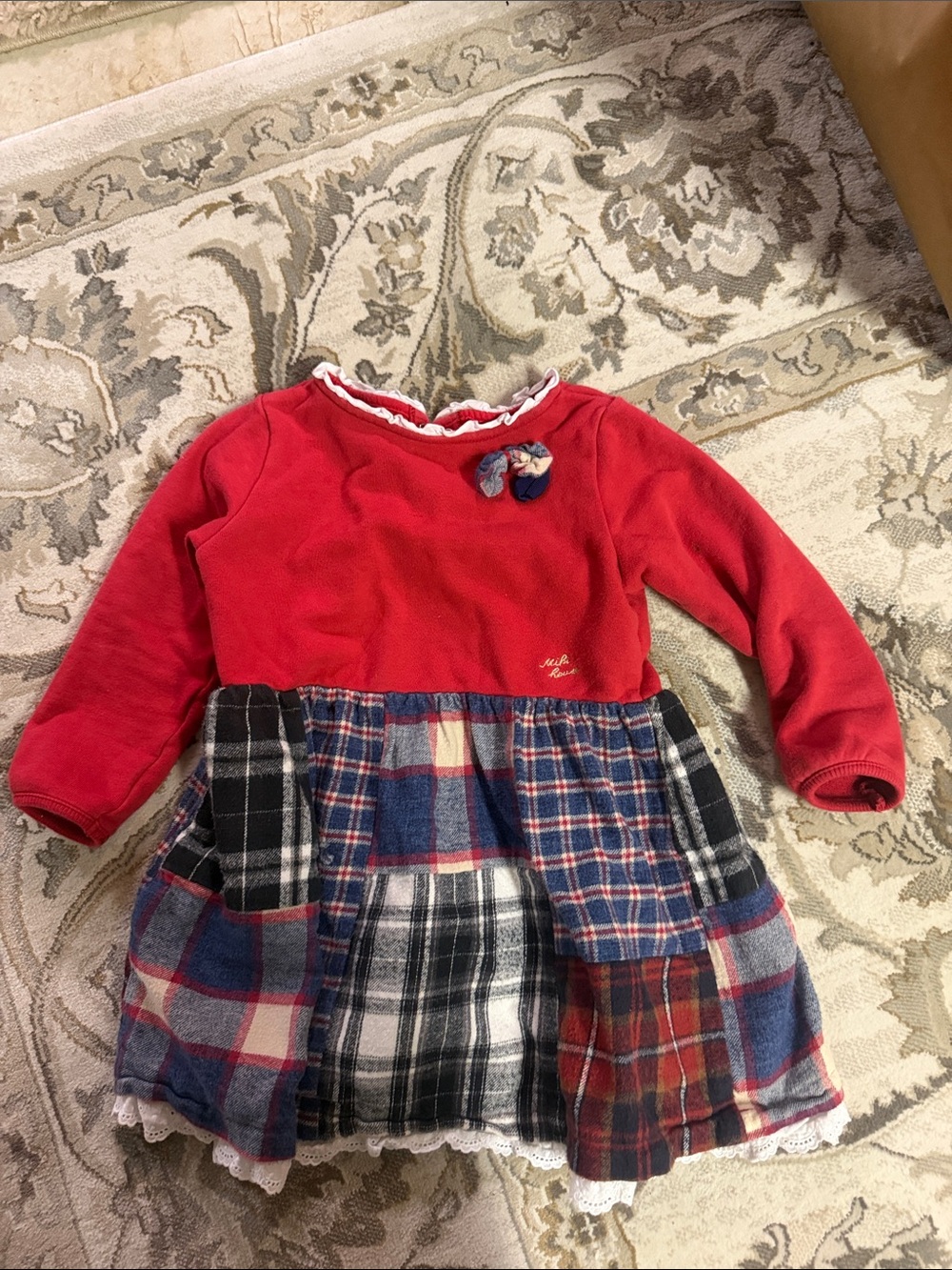 Miki  House Girl Dress with Plaid Patchwork Skirt